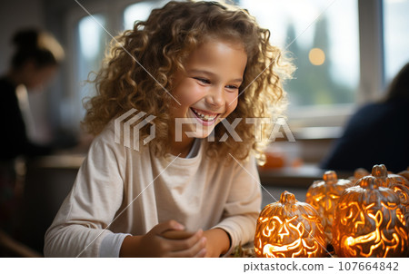 Halloween is a children's fun traditional holiday. Children carve a pumpkin with fire. 107664842