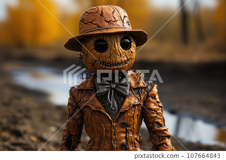 Halloween is a fun traditional holiday. Pumpkin monster, dark background and candles. Halloween is a fun traditional holiday. Pumpkin monster, dark background and candles. 107664843