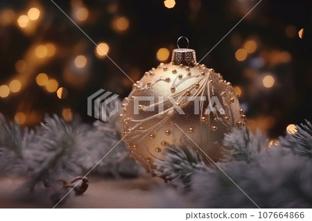 Christmas New Year's ball on a winter Christmas tree branch, family holiday. 107664866