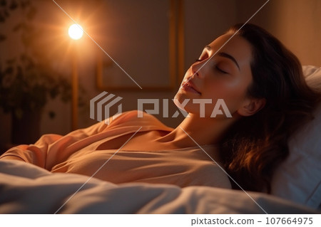 Smiling Woman in Bed with Eyes Closed Smiling Woman in Bed with Eyes Closed 107664975