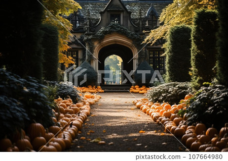 Halloween is a fun traditional holiday. Decorating the street and yard with beautiful pumpkin symbols. Halloween is a fun traditional holiday. Decorating the street and yard with beautiful pumpkin symbols. 107664980