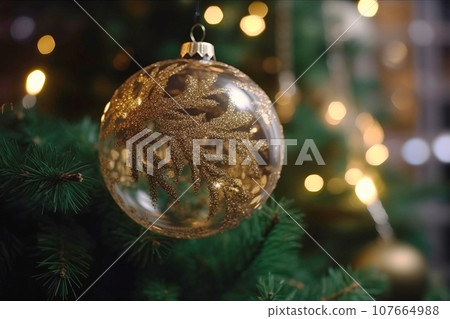 Christmas New Year's ball on a winter Christmas tree branch, family holiday. Christmas New Year's ball on a winter Christmas tree branch, family holiday. 107664988