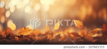 Forest Floor Covered in Yellow and Orange Fallen Leaves, Autumn Background, AI Generated 107665355