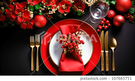Modern table setting, red empty plates, gold cutlery, decorations from glass shiny balls and fir branches, festive table 107665751