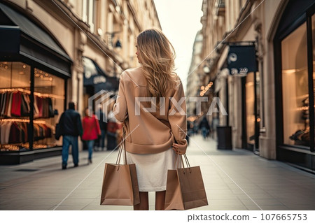 Back view of a sexy young woman with shopping bags. Back view of a sexy young woman with shopping bags. 107665753