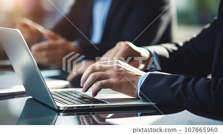 Business Meeting with Hands and Laptop in Focus - AI Generated 107665960