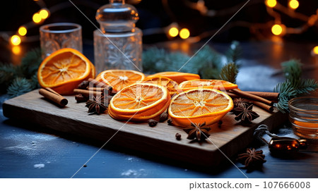 Wooden Tray with Oranges and Spices on Blue Background - AI Generated 107666008