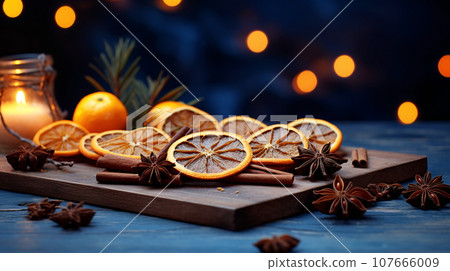 Wooden Tray with Oranges and Spices on Blue Background - AI Generated 107666009