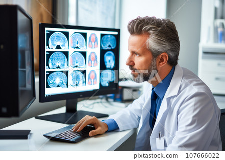 Knowledgeable Neurologist Analyzing Meningitis Brain Scans on Computer Monitor. Generative AI 107666022