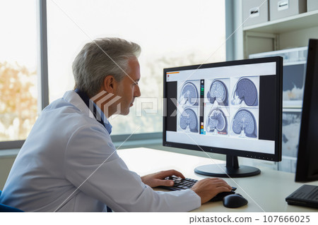 Seasoned Physician Reviewing Huntington's Brain Scans on Computer Monitor. Generative AI 107666025