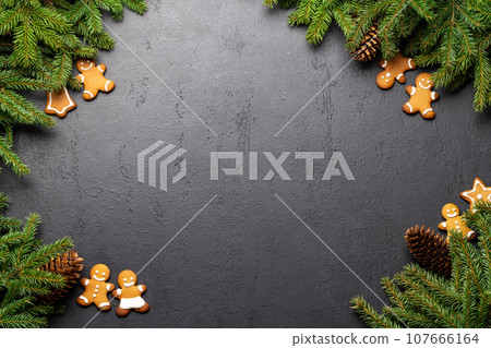 Christmas fir tree branch with decor and space 107666164