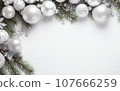 White Christmas holiday background with white and silver Christmas balls. Merry Christmas greetings card 107666259
