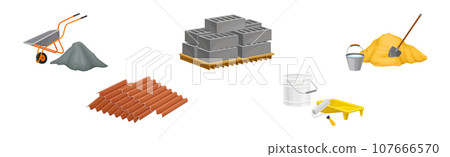 Construction Materials and Equipment with Tile Roofing, Block, Sand and Bucket Vector Set 107666570