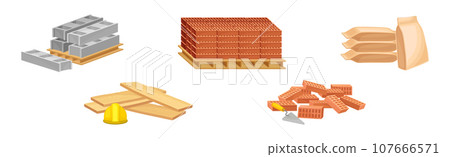 Construction Materials and Equipment with Bricks and Wooden Planks Vector Set 107666571