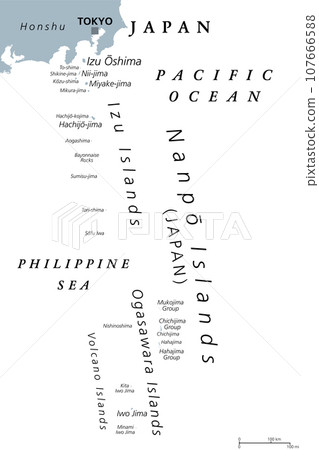 Nanpo Islands, island groups of Japan, gray political map. Volcanic islands located in the Pacific east of Philippine Sea, south of Japanese archipelago, comprising Izu, Ogasawara and Volcano Islands. 107666588