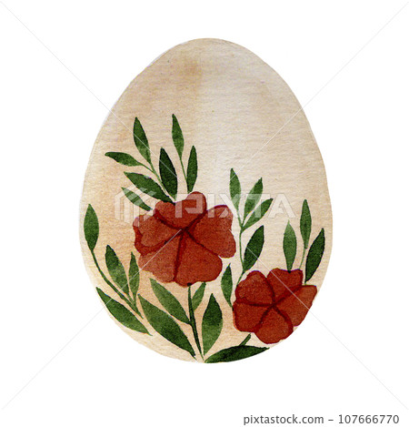 watercolor hand drawing. Easter Egg. cute painted egg with designs of leaves and flowers. natural colors, boho style 107666770