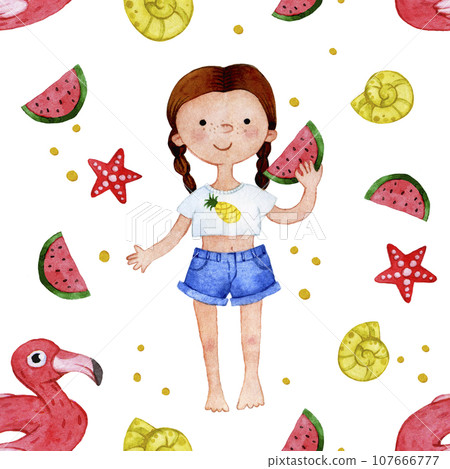 watercolor seamless pattern. character girl on the beach, cute baby on the sea with watermelon and toys watercolor seamless pattern. character girl on the beach, cute baby on the sea with watermelon and toys 107666777