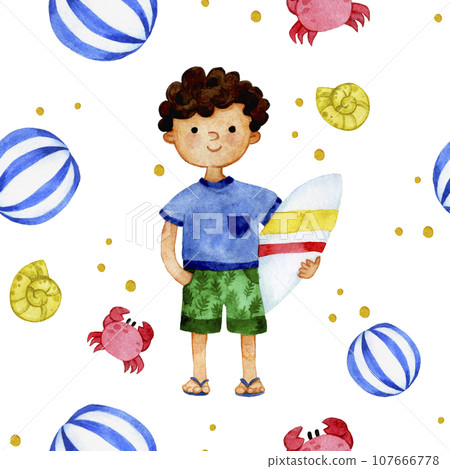 watercolor seamless pattern. character boy on the beach, cute baby on the sea with surfboard and toys	 107666778