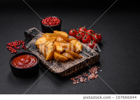 Delicious crispy fried potato wedges with salt, spices and herbs 107666844