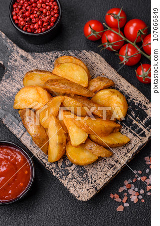 Delicious crispy fried potato wedges with salt, spices and herbs 107666849