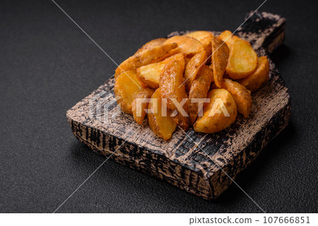Delicious crispy fried potato wedges with salt, spices and herbs Delicious crispy fried potato wedges with salt, spices and herbs 107666851