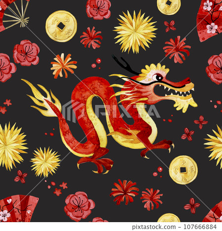 watercolor seamless pattern. Chinese New Year. red dragon, lanterns and fireworks on a black background. holiday print watercolor seamless pattern. Chinese New Year. red dragon, lanterns and fireworks on a black background. holiday print 107666884