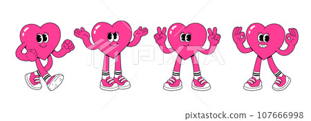 Cartoon heart characters. Cute love symbols with faces different poses hands and feet. Playful cheeky happy hearts in trendy retro comic style. Love concept in pink magenta color. Happy Valentines day Cartoon heart characters. Cute love symbols with faces different poses hands and feet. Playful cheeky happy hearts in trendy retro comic style. Love concept in pink magenta color. Happy Valentines day 107666998