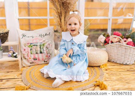 Portrait of happy excited toddler girl with interest playing with little yellow duckling siting on wooden floor of summer gazebo house on sunny day. Concept of excursion to eco-farm, life in village. 107667033