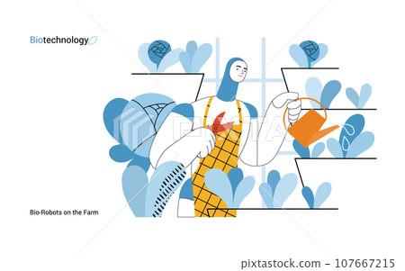 Bio Technology, Robot on farm -modern flat vector concept illustration of bio-robot engaged in agricultural activities. Metaphor of robotics and biotechnology integration, efficiency, sustainability 107667215