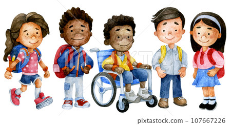 a group of schoolchildren of different nationalities. theme back to school, inclusiveness. child in a wheelchair. watercolor drawing 107667226