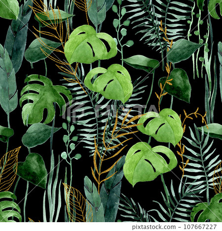 seamless tropical pattern on a dark background with golden elements, monstera leaves, palms. jungle, rainforest seamless tropical pattern on a dark background with golden elements, monstera leaves, palms. jungle, rainforest 107667227