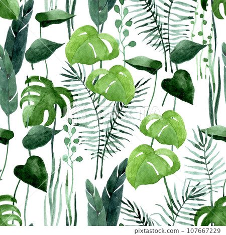 watercolor seamless pattern with tropical leaves. palm leaves, monstera, jungle, rainforest watercolor seamless pattern with tropical leaves. palm leaves, monstera, jungle, rainforest 107667229