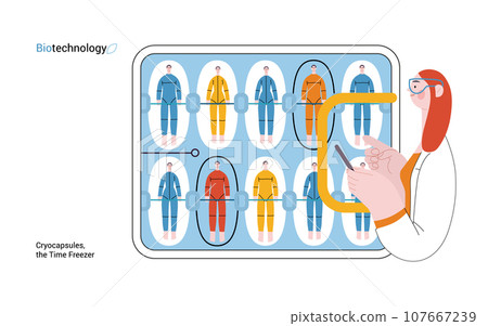 Bio Technology, Cryocapsule Time Freezer -modern flat vector concept illustration of futuristic cryocapsules resembling frozen time vaults. Metaphor of preserving life, time through cryonic technology Bio Technology, Cryocapsule Time Freezer -modern flat vector concept illustration of futuristic cryocapsules resembling frozen time vaults. Metaphor of preserving life, time through cryonic technology 107667239
