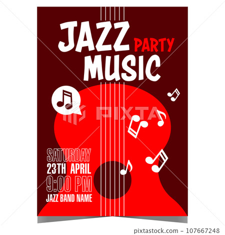 Jazz music party design template. Invitation banner, poster or flyer for live jazz music concert, festival or show. Handout or cover with big red guitar and white musical notes on black background. Jazz music party design template. Invitation banner, poster or flyer for live jazz music concert, festival or show. Handout or cover with big red guitar and white musical notes on black background. 107667248
