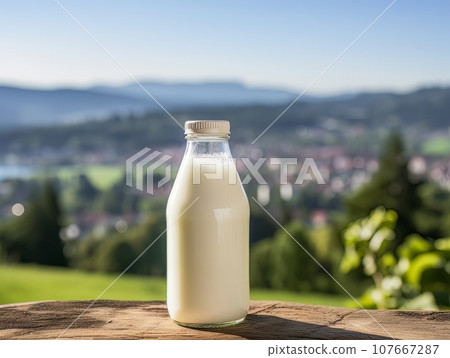 Bottle of homemade village milk against the backdrop of the village. AI 107667287