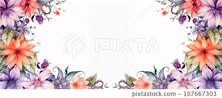 Watercolor of flowers frame on white background, botanical border, AI generated. 107667303
