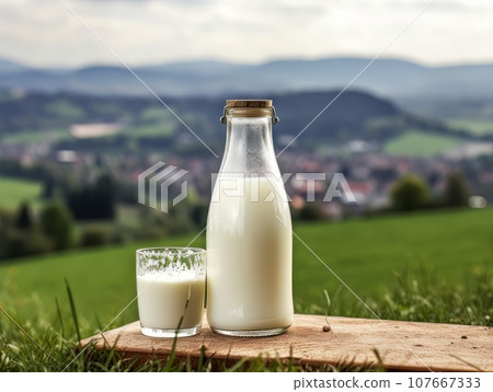 Glass and bottle of fresh milk against the backdrop of the village. AI 107667333