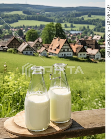 Two bottles of homemade village milk against the backdrop of the village. AI Two bottles of homemade village milk against the backdrop of the village. AI 107667337