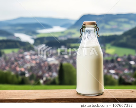 Bottle of homemade village milk against the backdrop of the village. AI 107667352