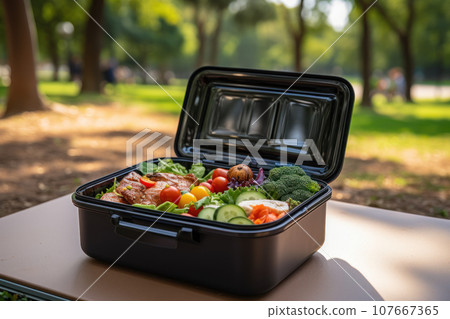 Lunchbox against the backdrop of the park Lunchbox against the backdrop of the park 107667365