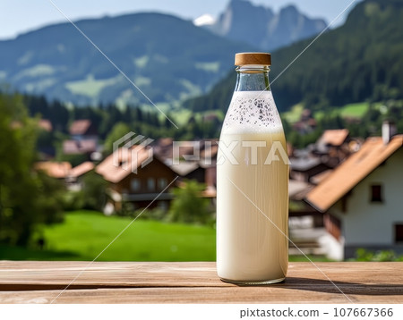 Bottle of homemade village milk against the backdrop of the village. AI 107667366