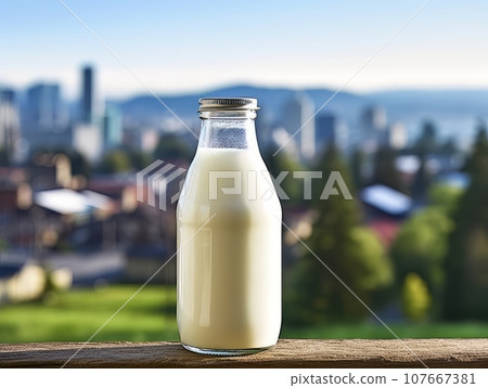 Bottle of homemade village milk against the backdrop of the village. AI 107667381
