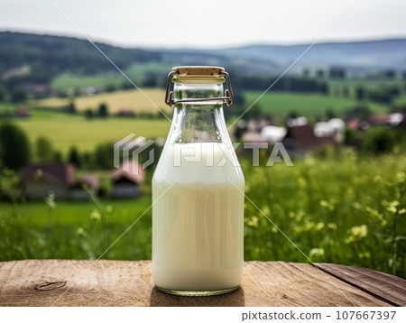 Bottle of homemade village milk against the backdrop of the village. AI 107667397