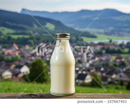 Bottle of homemade village milk against the backdrop of the village. AI 107667401
