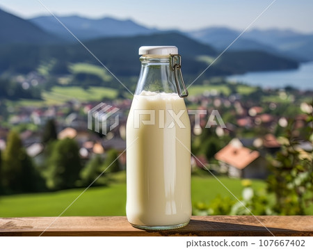 Bottle of homemade village milk against the backdrop of the village. AI 107667402