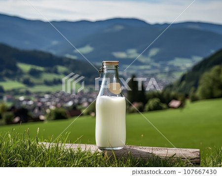 Bottle of homemade village milk against the backdrop of the village. AI 107667430
