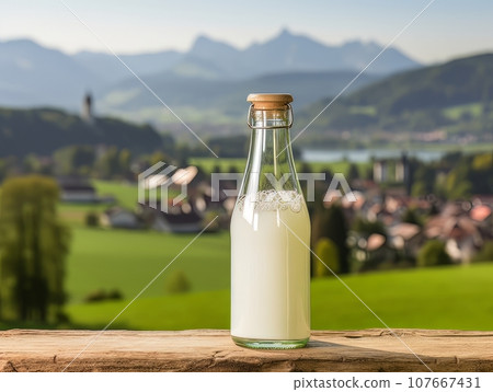 Bottle of homemade village milk against the backdrop of the village. AI 107667431