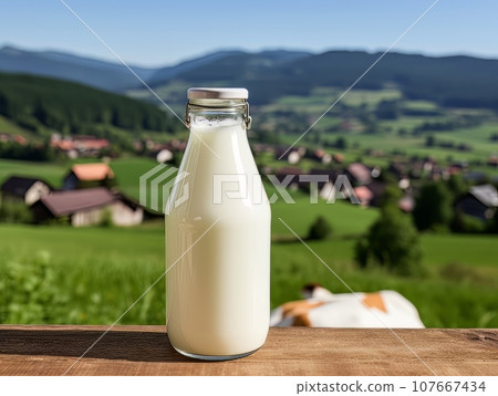 Bottle of homemade village milk against the backdrop of the village. AI Bottle of homemade village milk against the backdrop of the village. AI 107667434