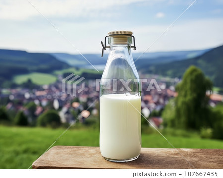 Bottle of homemade village milk against the backdrop of the village. AI Bottle of homemade village milk against the backdrop of the village. AI 107667435