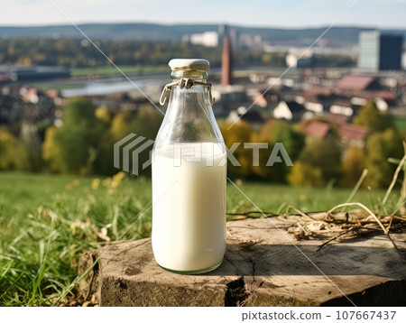 Bottle of homemade village milk against the backdrop of the village. AI Bottle of homemade village milk against the backdrop of the village. AI 107667437